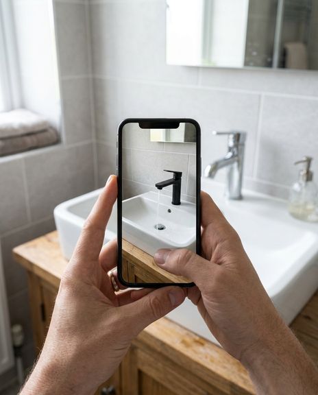 Telefon deasupra unui lavoar cu baterie cromată veche; pe ecran, o baterie neagră modernă