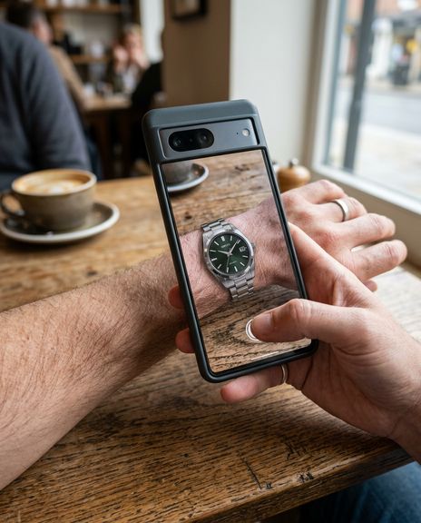 Telefon deasupra unei încheieturi; pe ecran, un ceas cu cadran verde la mână