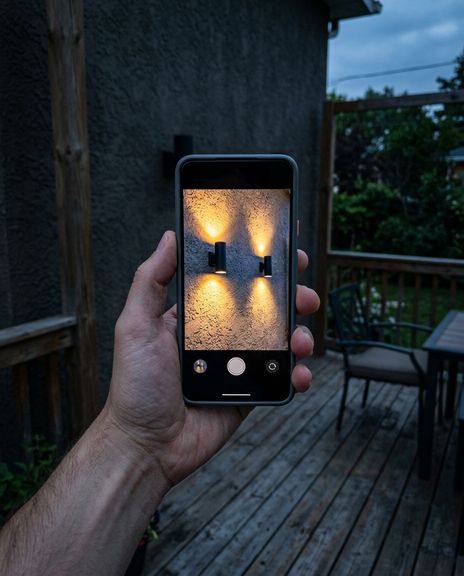 Telefon pe o terasă la apus; pe ecran, peretele are două aplice aprinse